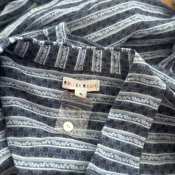NWOT Roller Rabbit Linen floral blue Stripe mini nap shirt Dress Ruffle button - Picture 3 of 6